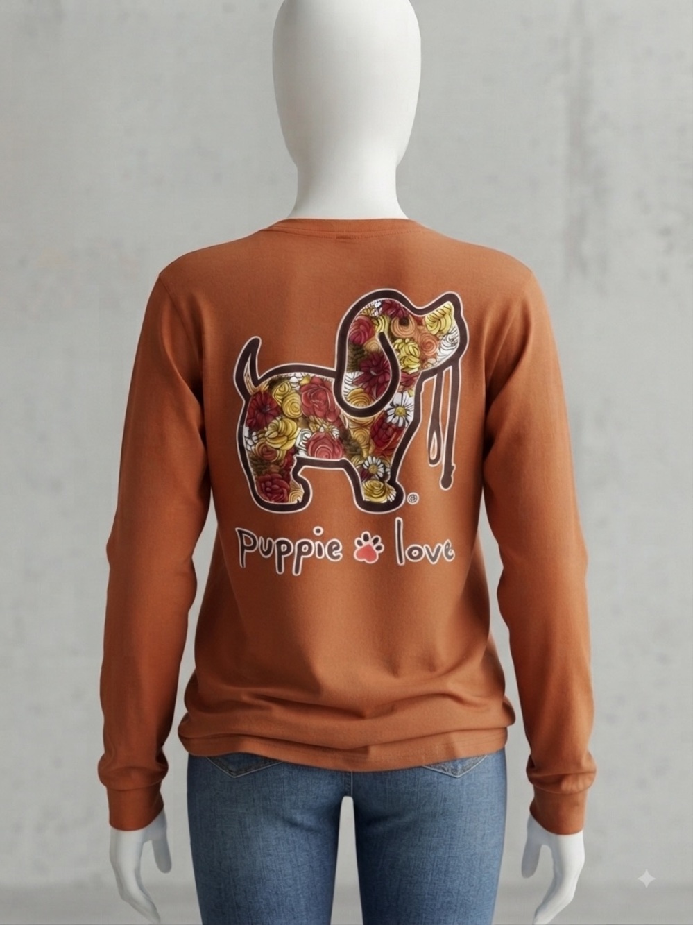 Puppie Love Floral Long-Sleeve Tee - Rust Orange XXL - Picture 2 of 9